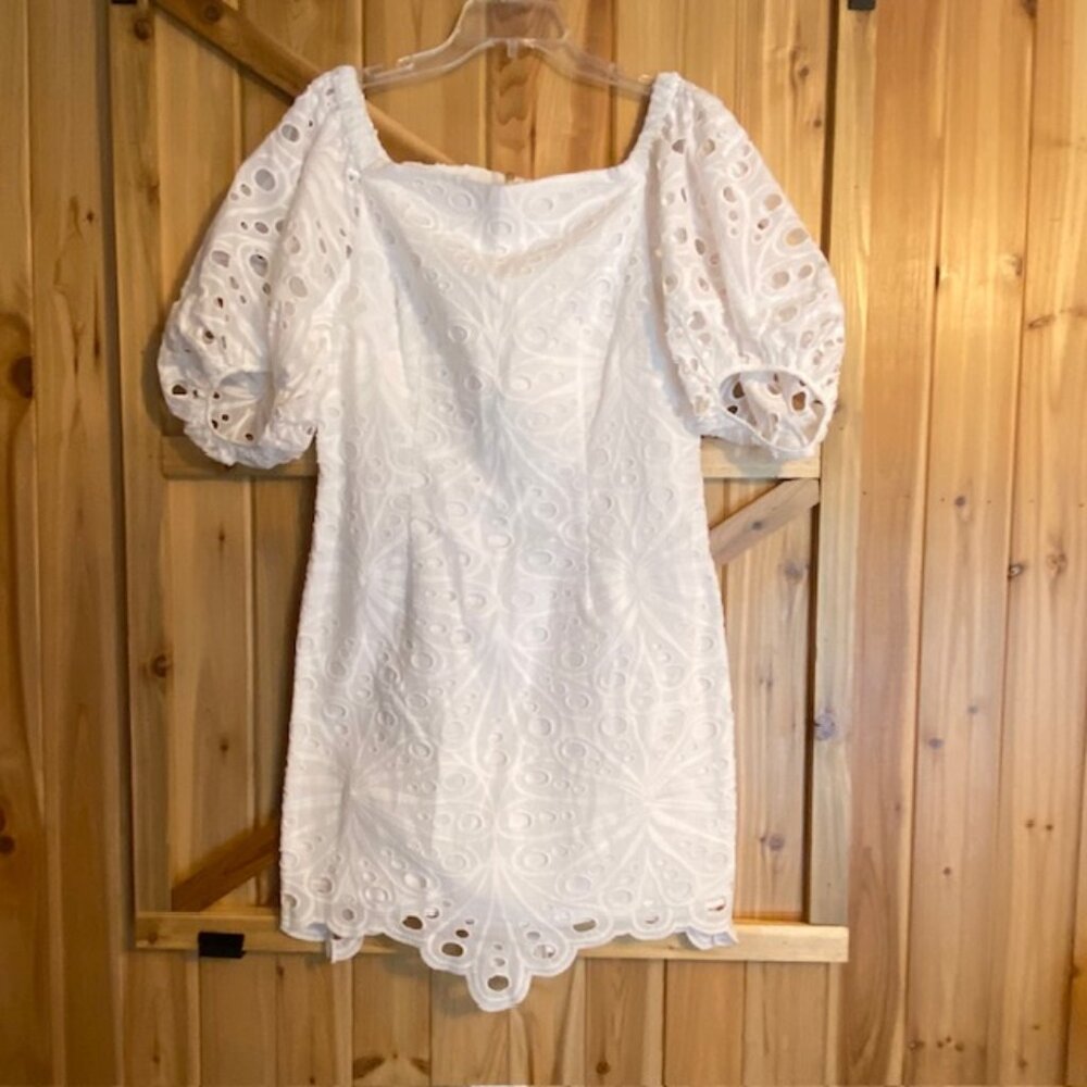 Trina Turk Sweet White Eyelet Dress Off the Shoulder Balloon Sleeve Size 10